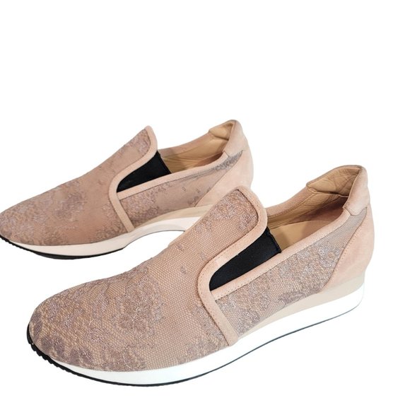 Max Mara MM40 leather and lace dusty rose slip on shoes with lift size 38 US 8